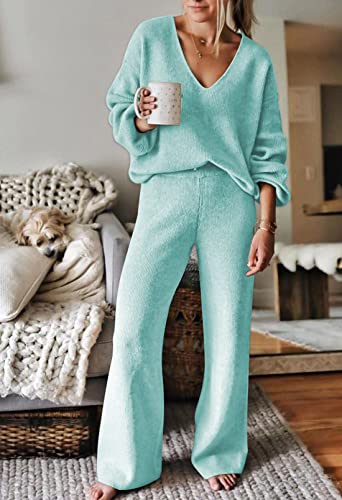 Image of Viottiset Women's 2 Piece Outfits Casual V Neck Knit Wide Leg Sweater Lounge Set Sweatsuit