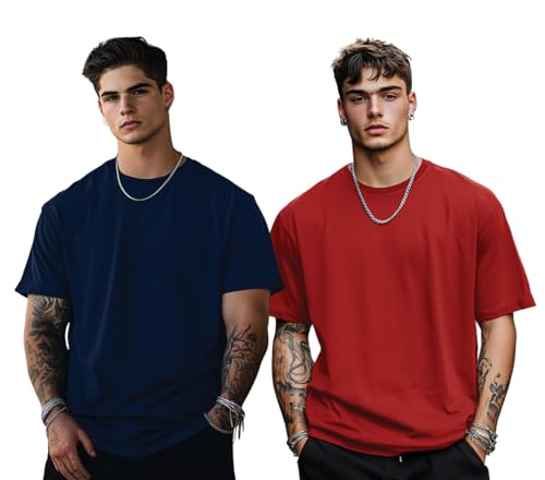 Image of Veirdo Solid Oversized 100% Pure Cotton Combo T-Shirt for Men & Boys (Half Sleeves, Round Neck, Drop Shoulder, Baggy Fit, Pack of 2, Available in S to 2XL