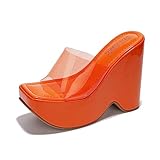 Cape Robbin Women's Platform Wedge Sandals - 6-Inch Heel Square Open Toe Slip-On Clear Strap (Pinkki) - Orange Size 7