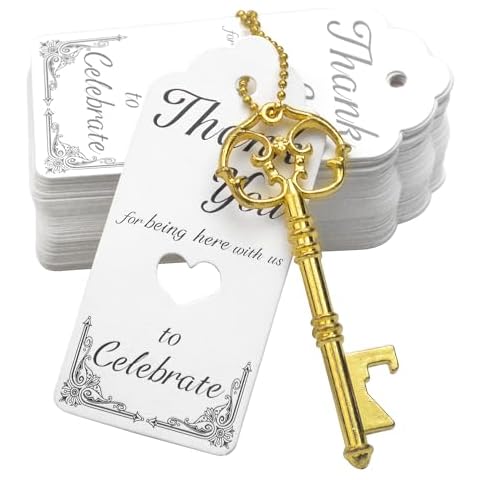 Aokbean 52pcs Vintage Skeleton Key Bottle Opener Party Favor Wedding Favor Guest Souvenir Gift Set with Escort Thank You Tag Card and Keychain (Gold) Cover