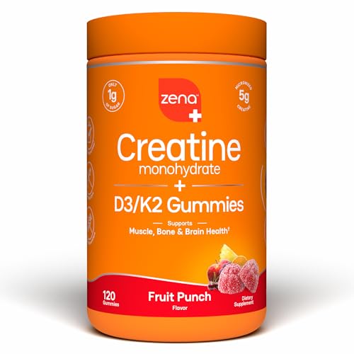 Zena Nutrition Creatine Gummies with D3 & K2 Creatine Monohydrate for Men and Women Supports Bone Muscle & Cognitive Health Gummy Workout Supplement Fruit Punch Flavor 120ct 30 Daily Servings