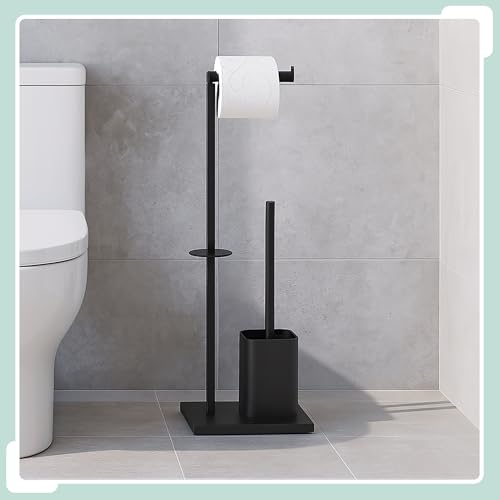 Relaxdays WC Garnitur, HBT: 67,5 x 20 x 15,5 cm, Metall, Klopapierhalter stehend, Klobürste, Ersatzrollenhalter, schwarz