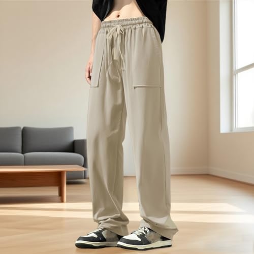 Mens Casual Linen Pants Loose Fit Elastic Drawstring Waist Stylish Solid Mid Rise Wide Leg Baggy Trousers4