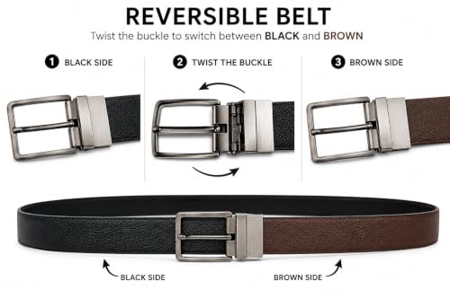 Image of SUDHA INTERNATION Men's Reversible Genuine Leather Belt | 2-in-1 Black & Brown | Rotating Pin Buckle | Sizes 28-44| Formal Office Wedding Party Belt | 1 Belt = 2 Colors