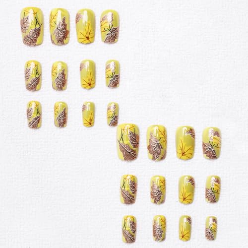 24 pcs Fall Glitter Press On Nails With Gold Maple Leaf Designs, Autumn Yellow, Short, Square, Fake, Sparkly Acrylic, Full Cover Stick On Nails For Women's Nail Art Manicure