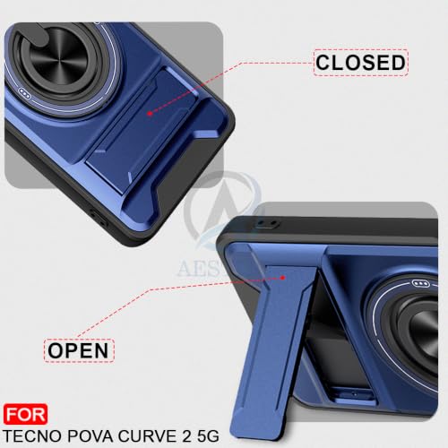 Image of AESTMO Tecno Pova Curve 2 Back Cover | Armor Camera Slider 360 Degree Rotating Finger Ring Holder Case with Bracket Stand & Camera Protection Back Case Cover for Tecno Pova Curve 2 (Blue)