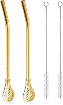 2Pcs Removable Stainless Steel Straw Filter Spoon with 2 Cleaning Brush, Yerba Mate Bombilla Straw, Reusable Metal Straw Spoon Cocktail Stirrer for Drinking Loose Tea, Ice Coffee, Gold
