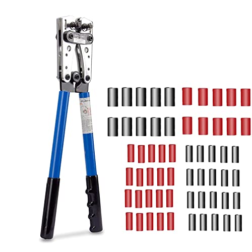 Batteriekabel-Crimpwerkzeug+ 60 Schrumpfschläuche-AWG 10-0, 6/10/16/25/35/50 mm² 8 Größen,Batteriekabelschuh,Crimpzange für robuste Drahtschlaufen,Batterieklemme,Kupferösen Cover