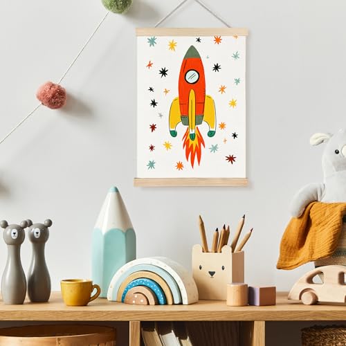Image of PQKIY Retro Rocket Ship Space Nursery Wall Art Poster Hanger Frame 12x16 in, Mid Century Modern Spaceship Adventure Wall Decor Canvas Prints for Nursery Toddler Boys Kids Room Bedroom Playroom