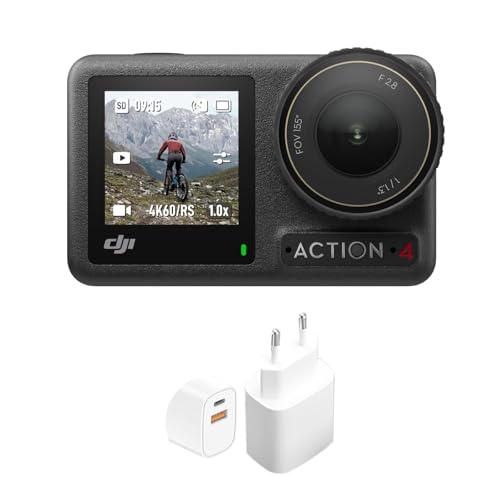 DJI Osmo Action 4 Standard-Combo – 4K/120fps wasserdichte Action-Kamera mit einem 1/1,3-Zoll-Sensor, atemberaubende Low-Light-Aufnahmen, 10-Bit- und D-Log M-Farbleistung (Ladestecker)