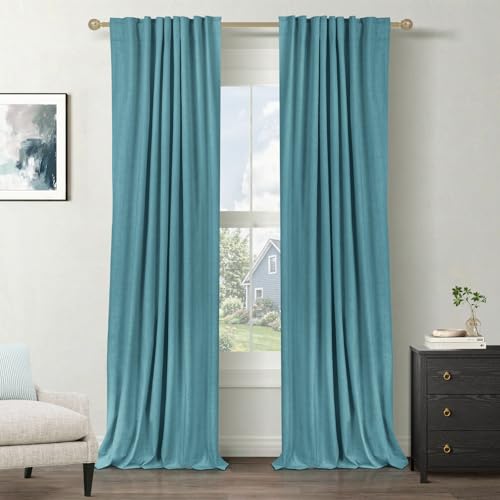 Image of 100% Blackout Shield Linen Blackout Curtains for Bedroom 96 Inches Long, Back Tab /Rod Pocket Living Room Drapes, Thermal Insulated Blackout Curtains 2 Panels Set, 50 inch W x 96 inch L, Dark Cyan