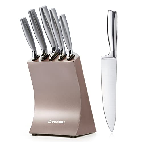 Messerblock Set, DRCOWU Profi Messer Set 6-teiliges, modernes Küchenmesser Set mit Edelstahlklinge und ergonomischem, extra scharf rostfreie Kochmesser Set Cover