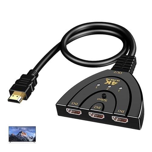 Multiprise HDMI Switch 3 Entrées 1 Sortie, Commutateur HDMI 4K Ultra HD, Sélecteur Bouton Manuel Compatible avec TV, PC, Roku, Fire TV Stick, Xbox, PS5, PS4,...