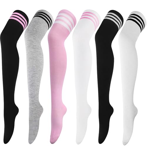 Image of AQOKKA Extra Long Thigh High Socks for Women Striped Over Knee Thigh Socks Long Boot Thigh High Stockings Leg Warmers