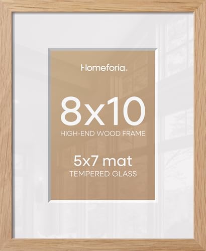 Image of Homeforia 8x10 Natural Oak Picture Frame, High-End Wood, 5x7 Mat, Glass | High End Solid Oak Wood, Tempered Glass, Acid-Free 5x7 Removable Mat, 8x10 Edge-to-Edge Display 10x8, Wall Kit, Set Of 1