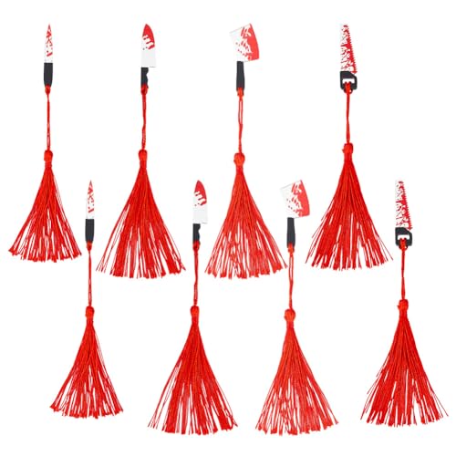 GOMAKERER 8 Pcs 4 Styles Blood Splatter Dagger Bookmarks, Halloween Theme Bookmark Tassels Acrylic Pendant Bookmark Cleaver Chainsaws Saw Bookmarks for Crafts Book Lover Jewelry Making