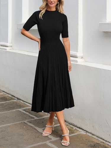Image of CUPSHE Fall Dresses for Women 2025 Round Neck Half Sleeve Ribbed Knit Pleated A Line Fitted Midi Pullover Sweater Dress