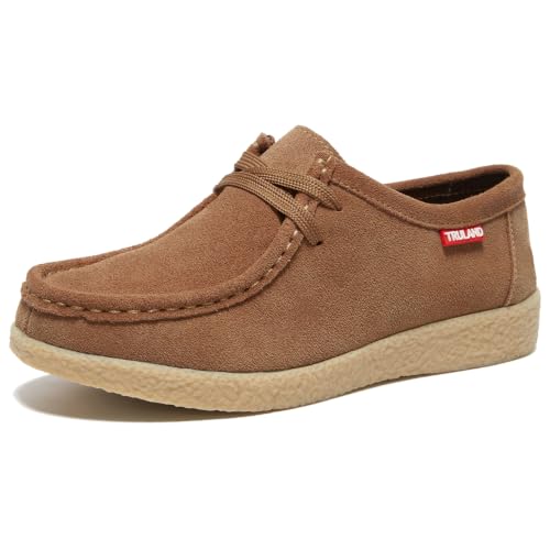 Image of TRULAND Leather Oxford Shoes for Women - Suede Lace Up Moc Toe Low Platform Flat Wallabees Shoes