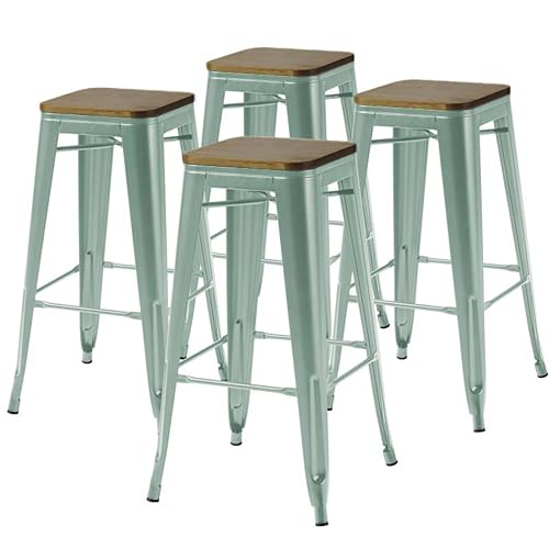 Oviala Lot de 4 tabourets de Bar en métal Mat Vert Gris et Bois
