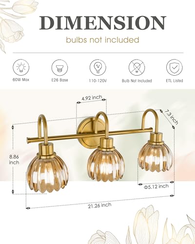 Image of 3-Light Gold Bathroom Vanity Light, Amber Tulip Glass Shade | 21 Inch Bathroom Light Fixtures Over Mirror, Modern Brass Vanity Lighting Fixtures, AD-22282-3W-GD-OR