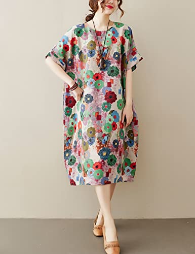 Image of LUZU JUNU Women's Summer Baggy Plus Size Loose Cotton Linen Long Boho Beach Dress with Pockets
