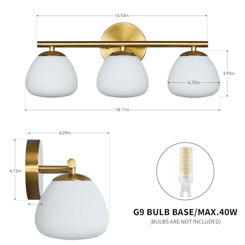 Image of Modern 3 Light Bathroom Vanity Light Gold Vanity Light Bathroom Light Fixtures Over Mirror with Milk Glass Shade Bathroom Vanity Lighting Fixtures