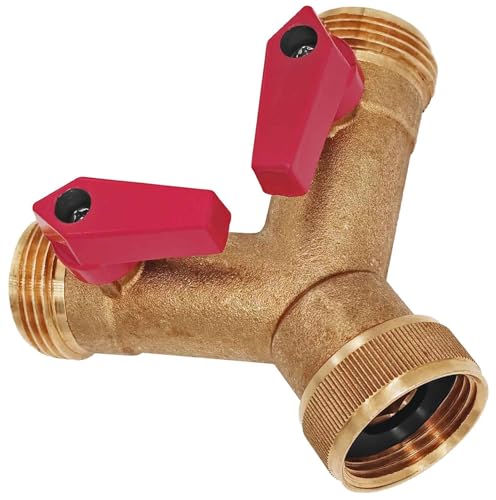 Y Stück Schlauch Verteiler mit Absperr Kugel Hähnen aus Messing mit 1' Rohr Zoll Innengewinde IG und 2x Außengewinde AG 2 Wege Gabelstück