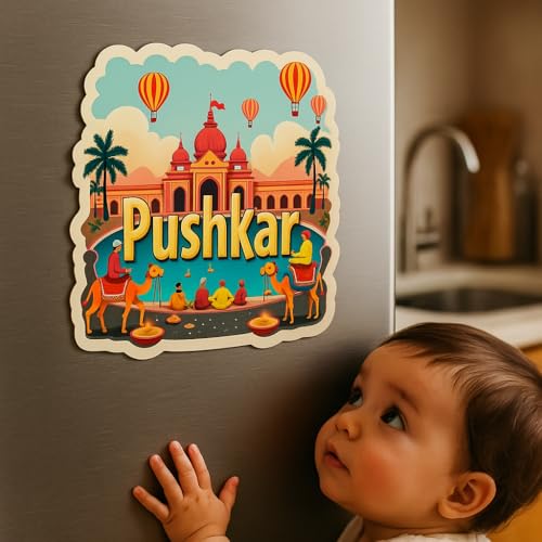 Image of Naxon Pushkar Town Theme Souvenir Wooden Refrigerator Stylish Fridge Magnet - Fridge Decoration Magnet for Kitchen & Home Decor | Perfect Souvenir Gift | Size 3x3 Inches | Pack of 1