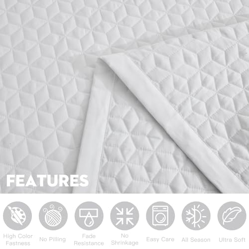 Image of Oversized King Bedspread 128x120 Extra Wide, Diamond Geometric Quilt Set King /Cal King, Lightweight Reversible Coverlet, Straight Edge - Clean Contemporary Look, 5 Piece, Pure White