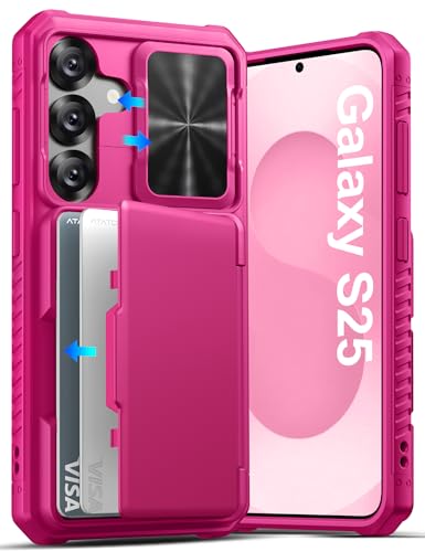 ATATOO for Samsung Galaxy S25 Wallet Case with Card Holder (3-5 Cards) [RFID Blocking] & Sliding Camera Cover, Military Grade Protection, Women Men Cute Phone Case for Galaxy S25 6.2' 2025, Hot Pink