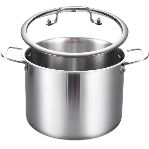 Comparison: Best 20 Quart Stock Pot Non Stick 8 DELARLO Tri-ply Stainless Steel 20QT Stock Pot, Compatible with All Stoves Up to 600℉, 18/10 Induction Big Cooking Pot with Lid, Fast & Even Heating, Durable Large Soup Pot