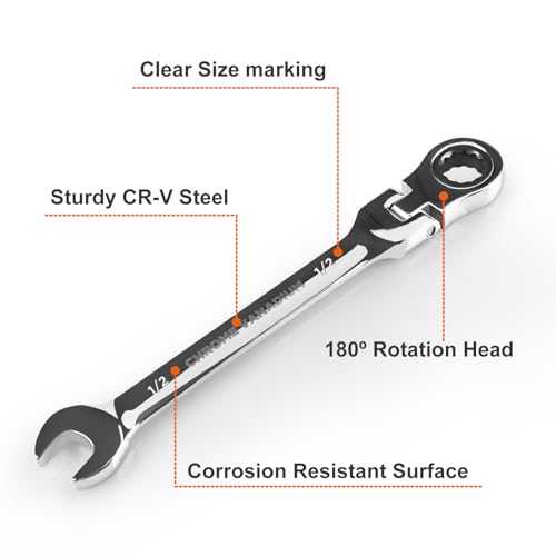 Image of Egofine 1 /2 Inch Ratchet Wrench Flex Head, Ratcheting Combination Wrench SAE, Industrial Grade Gear Spanner with 12 Point Box End, 72-Teeth Ratchet, Chrome Vanadium Steel