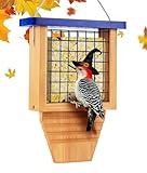 Gbekery Wooden Suet Bird Feeder for Outside Hanging, Woodpecker Suet Feeder with Tail Prop, Hanging Bird Feeder for Wild Birds, 1 Pack, Blue