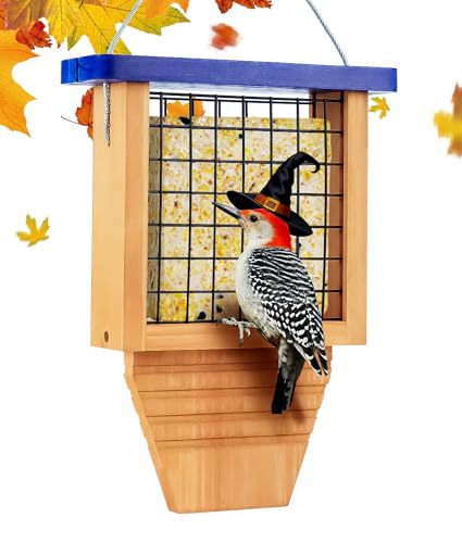 Gbekery Wooden Suet Bird Feeder for Outside Hanging, Woodpecker Suet Feeder with Tail Prop, Hanging Bird Feeder for Wild Birds, 1 Pack, Blue