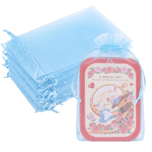Image of Crweety 50PCS Organza Bags 6x9 Baby Blue Small Gift Bags Mesh Drawstring | Party Favor Goodie Bag Bulk, Jewelry Sachet Candy Treat Soap Makeup Pouches, Wrap for Wedding Baby Shower Birthday Halloween
