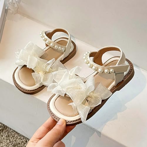 Girls Summer Sandals Mesh Pearl Beaded Ankle Strap Soft Sole Flats Open Toe Bow Flower Pump Dress Wedding Shoes3