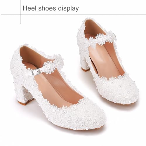 White Bridal Wedding Shoes Closed Toe Dress Pumps 2.75 Inch Chunky Heels Round Toe with Lace Flower Crystal Pearl Stitching Wedding Shoes3