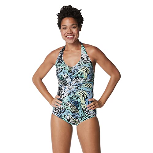 Speedo Women's Swimsuit One Piece V-Neck Shirred Halter Moderate Cut