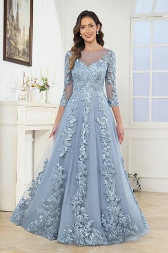 Sukleet Tulle Lace Mother of The Bride Dress for Women 3/4 Sleeves Scoop A Line Long Formal Evening Dress3