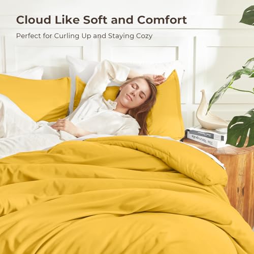 Image of Litanika Mustard Yellow Comforter Set Queen Size, 3 Pieces Lightweight Solid Bedding Comforter Set, All Season Fluffy Bed Set (90x90In Comforter & 2 Pillowcases)