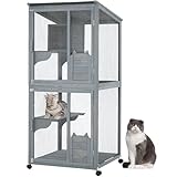 69 Inch 4 Tier Catio Outdoor Cat Enclosure with Weatherproof Roof and Lockable Caster - Large Indoor Catio with Wooden Cabin for Multi-Cat Families