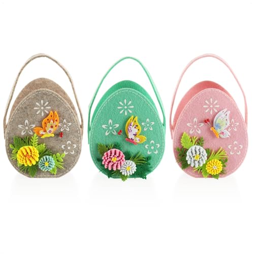 com-four® 3x Osterkorb aus Filz - Körbchen zum Befüllen - Filztasche Osterei zum Verschenken - Osternest - Osterdeko (3 Körbe - Schmetterling auf Ei)