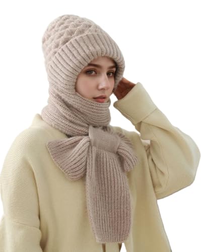 Women Winter Beanie Hats Scarf One-Piece Fleece Lined Warm Knit Ear Protection Integrated Hooded Scarf Cap2