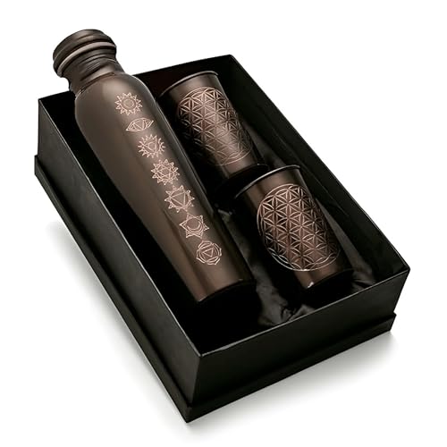 Image of Copper Water Bottle 1 Ltr | Copper Water Bottle with Glass Set | Meena Work | 100% Pure | Leak-Proof | 2 Water Glass 300ml each | Best for Gifting ((Asth Mangla Design))