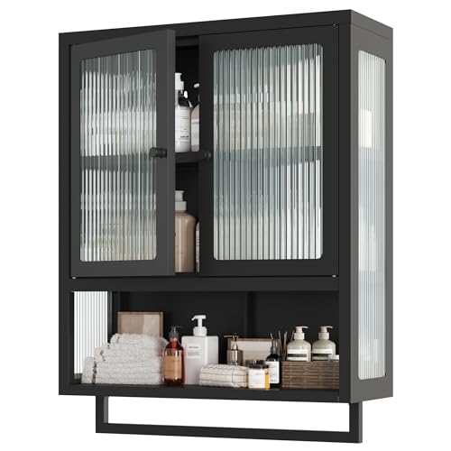 Qiaoxuan Bathroom Wall Cabinet, Over The Toilet Space Saver Storage Cabinet, Medicine Cabinet with 2 Glass Door and Towel Bar, Metal Wall Mounted Cabinet for Bathroom Laundry Room Kitchen by Qiaoxuan - Used condition - US$103.99