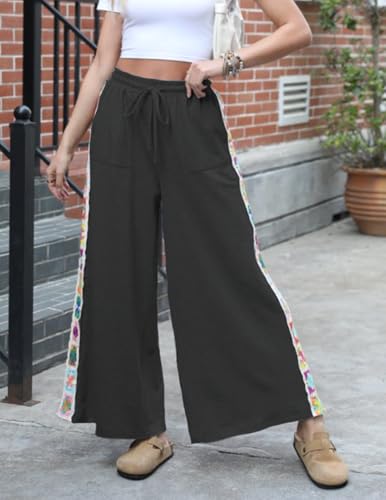 Womens Wide Leg Pants Stretch Casual Drawstring Waist Loose Lounge Sweatpants Crochet Panel Pant with Pocket3
