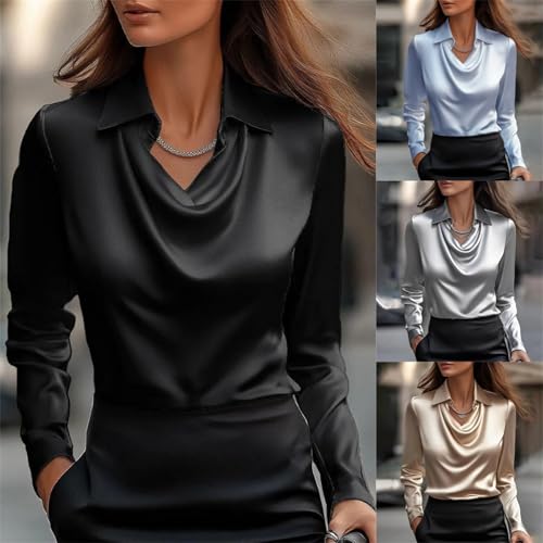Womens Cowl Neck Satin Silk Blouse Long Sleeve Lapel Dressy Ruched Front Draped Office Casual Business Blouses2