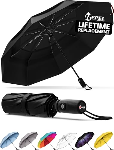 Repel Umbrella Ombrello Pieghevole Antivento Compatto e Resistente – Apri e Chiudi Automatico - Struttura in Fibra di Vetro, Telo Impermeabile – Ombrello Portatile Perfetto per Zaino, Borsa e Viaggi