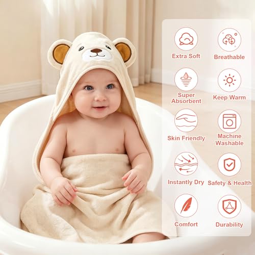 Image of 12 PCS Baby Bath Towels Set, Baby Towels for Infant Newborn Bath Essentials | Super Soft Cozy, Thick Absorbent, Cute Hooded, 4 Baby Towels & 8 Washcloths for Boy Girl Gift (Fox, Panda, Bear, Elephant)