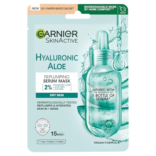 Garnier Maschera in Tessuto Skin Active Hydra Bomb, Formula Super Idratante e Rivitalizzante, Per Tutti i Tipi di Pelle, Con Acido Ialuronico e Aloe Vera Biologica, 28 gr